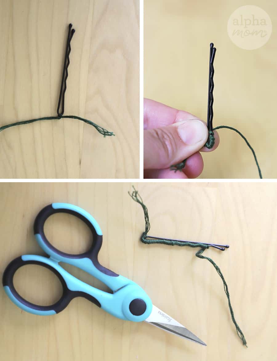 Three photos of making the body of a feather dragonfly hairpin body with wrapping bobby pin with green thread and pair of blue scissors