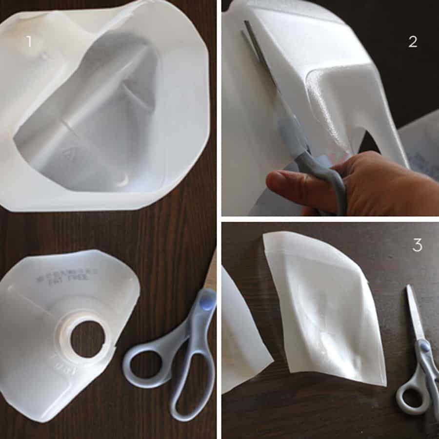 three overhead photos labeled 1, 2, 3 showing how to cut up an empty gallon-sized plastic milk carton with scissors
